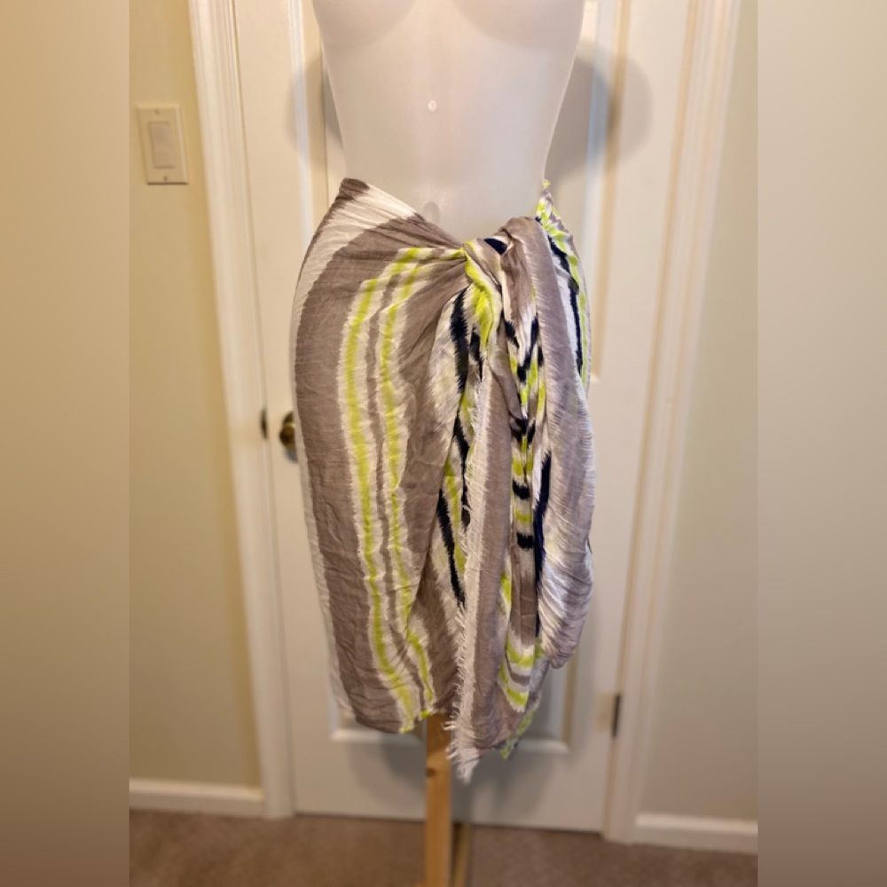 Pretty beach striped sarong with fringes (navy/gray/white/yellow), 84”W x. 29”L
